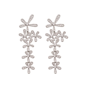 Silver needle flower tassel earrings with dragonfly design and sparkling cubic zirconia