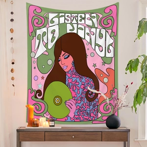 Detailed retro psychedelic tapestry featuring a woman holding a vinyl on a bright wall