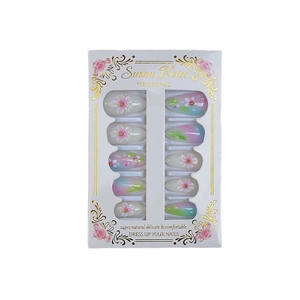 Ins style 3D floral press-on nails with pink green gradient and pearl accents