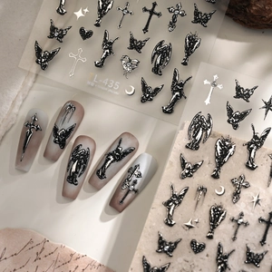 Gothic 3D liquid metal nail stickers featuring black angels and silver crosses