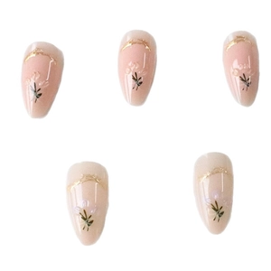 3D floral almond press-on nails in nude pink with butterfly gold glitter edging 24pcs