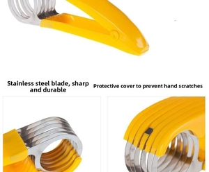 Close-up of stainless steel multi-blade slicer with safety lock for banana and sausage