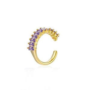Detail of 18k gold C-shaped ear cuff featuring rectangle purple zircon stones inlay