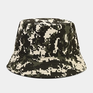 Detailed close-up of digital camo bucket hat with reinforced stitching and canvas texture