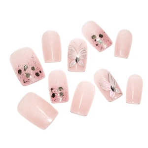 Pink gradient press-on nails with 3D butterflies and sparkling sequins set