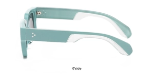 Detail of mint green thick-frame sunglasses with triple rivet decor and transparent temples