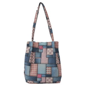 Fashionable denim patchwork tote bag with pink floral and plaid patterns for women