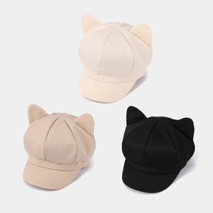 Octagonal newsboy hats with cute cat ears in beige, light brown and black colors