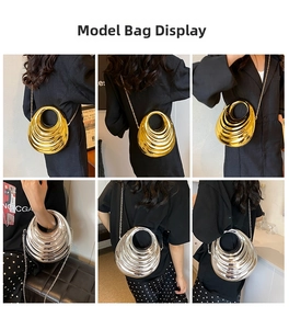 Detail view of metallic ripple texture evening bags in gold and silver with chain straps