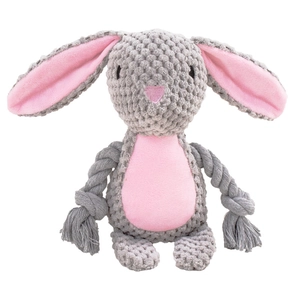 Pink and grey plush bunny squeaky rope toy for dogs interactive tug and chew training