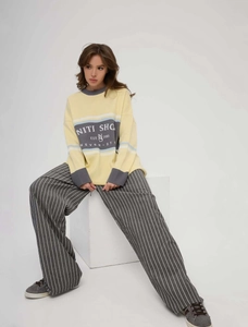 Relaxed fit yellow sweatshirt with gray striped wide-leg pants loungewear set