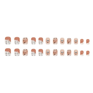 Brown checkered press-on nails with cute cartoon eyes design in 24 piece set