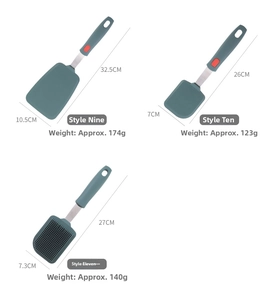 Detailed size chart of silicone spatulas with stainless steel handles in dark green