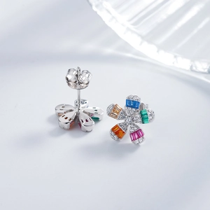Daisy silver stud earrings with colorful pavé cubic zirconia flowers for women