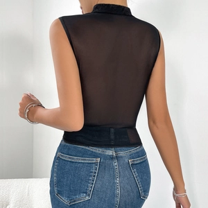 Back view of a black sheer mesh sleeveless top with a high neck and sleek mesh texture