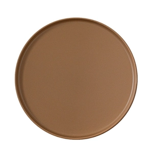 Modern brown ceramic round steak plate with raised edges and matte finish on white background