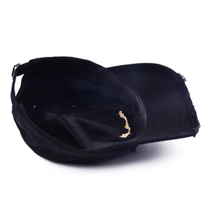 Black cotton baseball cap with distressed brim and adjustable metal buckle closure