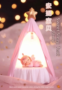 Close-up of pink tent night light with sleeping angel and warm bokeh background