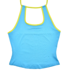 Detail of ribbed halter neck top in blue with contrast yellow piping and texture