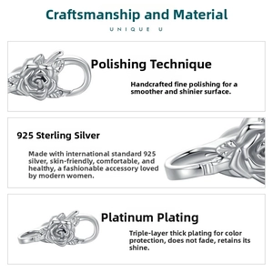 Close-up of 925 sterling silver rose flower charm with platinum plating and polished finish