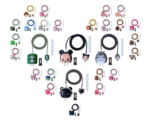 Detail view of colorful silicone charger and cable protector set in heart-shaped layout