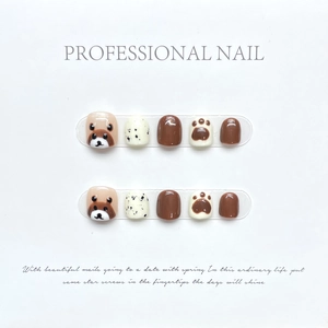 Cartoon press-on nails for girls featuring cute brown bear designs and a glossy finish