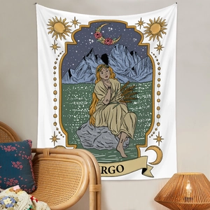 Detail of Virgo zodiac tapestry with celestial hand-drawn art in a cozy boho room