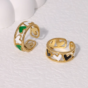 Gold stainless steel open heart ring with colorful oil drip design in white and green