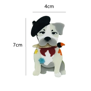 Detailed size view of a cartoon puppy acrylic brooch measuring four by seven centimeters