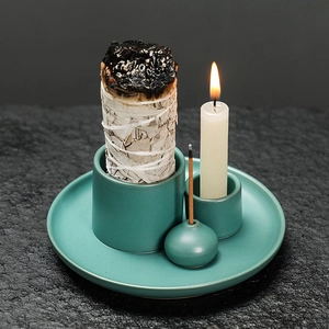 Morandi ceramic candle holder set with sage tray and incense base in deep green finish