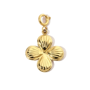 Detailed view of a gold clover pendant with radial ridges and a spring clasp closure
