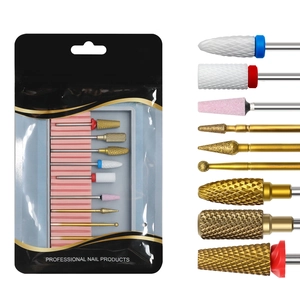 Detail of alloy and ceramic nail drill bits set in professional zipper display packaging