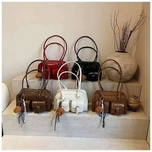Women Vintage Glossy PU Leather Underarm Bag Double Pockets Large Capacity Boston Shoulder Handbag Plush Bear Pendant