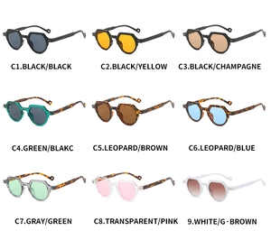 Detailed grid view of nine colorful hexagonal sunglasses with hollow temple designs