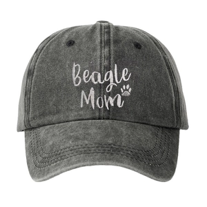 Charcoal grey washed cotton baseball cap featuring Beagle Mom embroidery and paw print