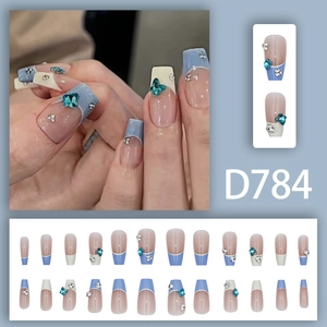 French blue butterfly press-on nails with rhinestones and 3D resin butterfly charms