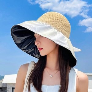 Détail d'un chapeau cloche d'été avec calotte en paille et bord large à revêtement UV noir