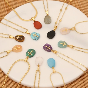 Stainless Steel Natural Stone Cross Pendant Necklace Gold Plated Elegant Religious Jewelry For Women