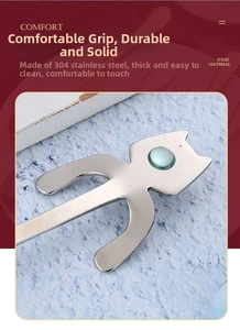 Detail of 304 stainless steel cat-shaped dessert fork with solid ergonomic handle