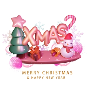 3D pink Christmas window decals with XMAS letters, snowman and tree for holiday decor