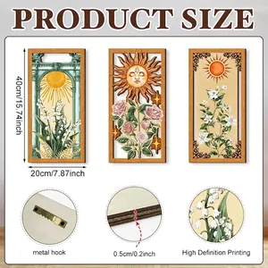 Bohemian botanical wooden wall art set with sun motifs and high definition printing