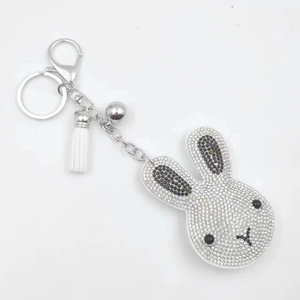 Sparkling rhinestone rabbit keychain with white tassel and silver bell for bags