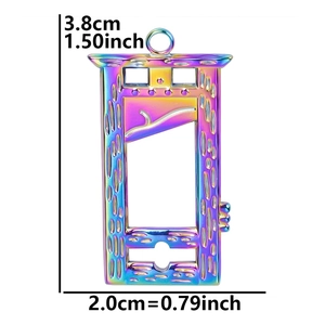 Macro view of rainbow plated stainless steel guillotine pendant with dimension measurements