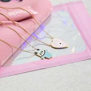 18K gold plated stainless steel necklaces with pink heart and blue Hamsa eye charms