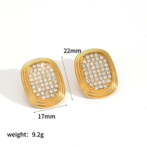 Luxurious gold square stud earrings with full zircon inlay measuring 22mm by 17mm