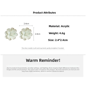 Detail view of white acrylic flower stud earrings with 2.4cm size and 4.6g weight