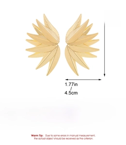 Size chart showing large gold alloy leaf drop earrings with dimensions and weight specs