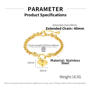 Technical specs of the gold stainless steel heart bracelet with detailed measurements