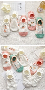 Detail of breathable mesh knit ankle socks in pastel colors with floral and peach patterns