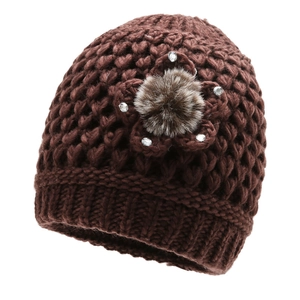 Winter knitted beanie for elderly women with brown floral accent and rhinestones